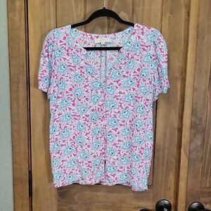 LOFT White and Pink Buttoned Blouse with Peter Pan Collar